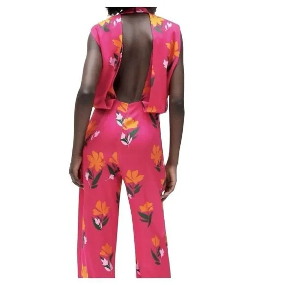 Zara Pink Orange Floral Mock Neck Sleeveless Open Back Cutout Jumpsuit Size XS - Picture 5 of 6
